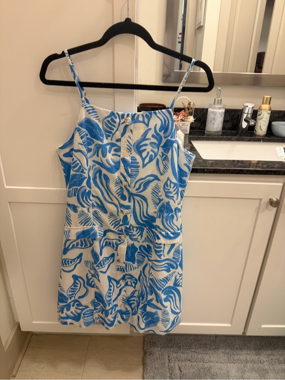 Blue & White Tropical Print Mini Dress with Front Buttons